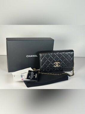 Authentic CHANEL Black Quilted Leather WOC with Crystal-Embellished Rainbow CC